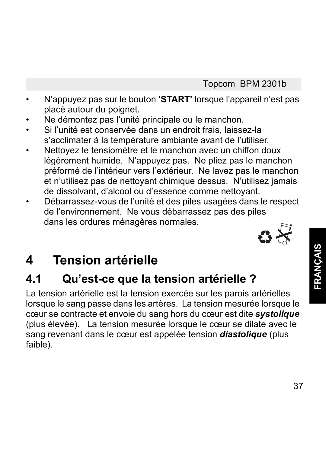 Topcom BPM WRIST 2301B manual Tension artérielle, Qu’est-ce que la tension artérielle ? 