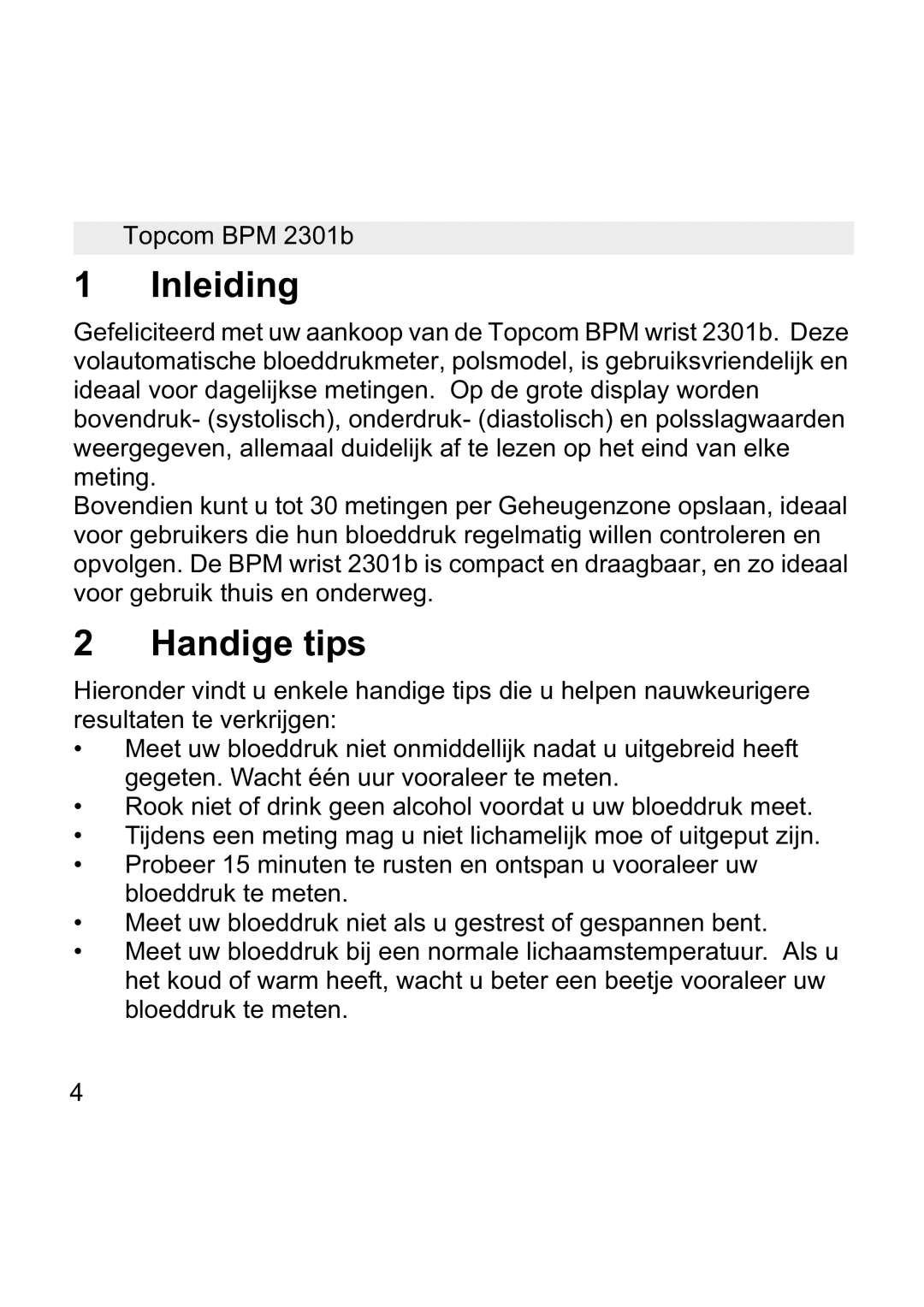 Topcom BPM WRIST 2301B manual Inleiding, Handige tips 