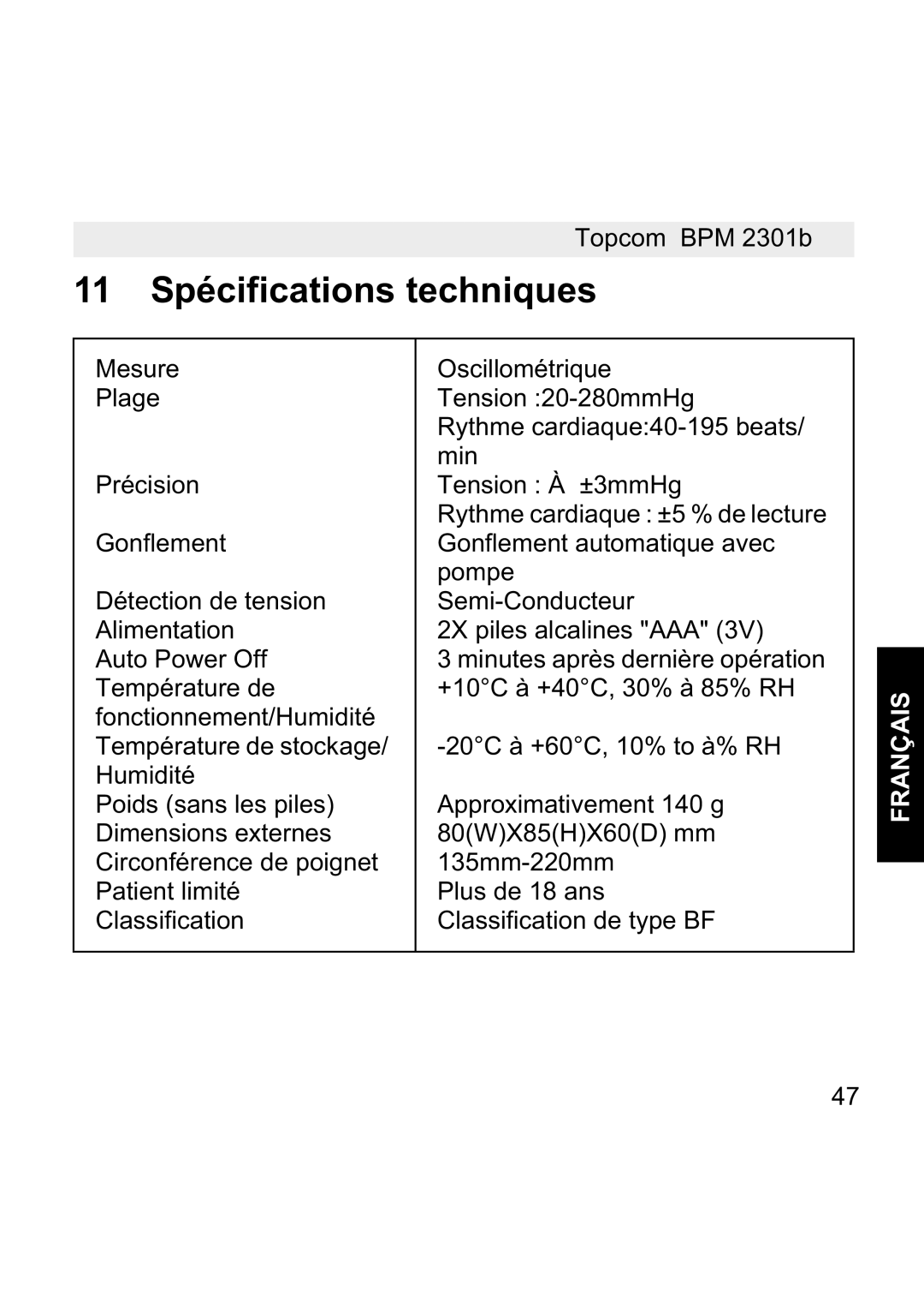 Topcom BPM WRIST 2301B manual 11 Spécifications techniques 