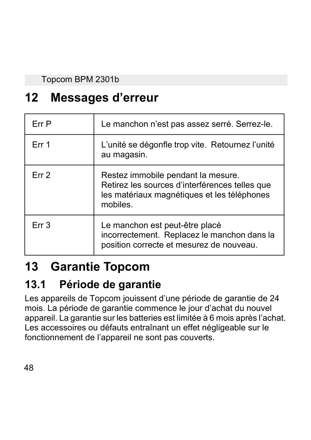 Topcom BPM WRIST 2301B manual Messages d’erreur, Garantie Topcom, 13.1 Période de garantie 