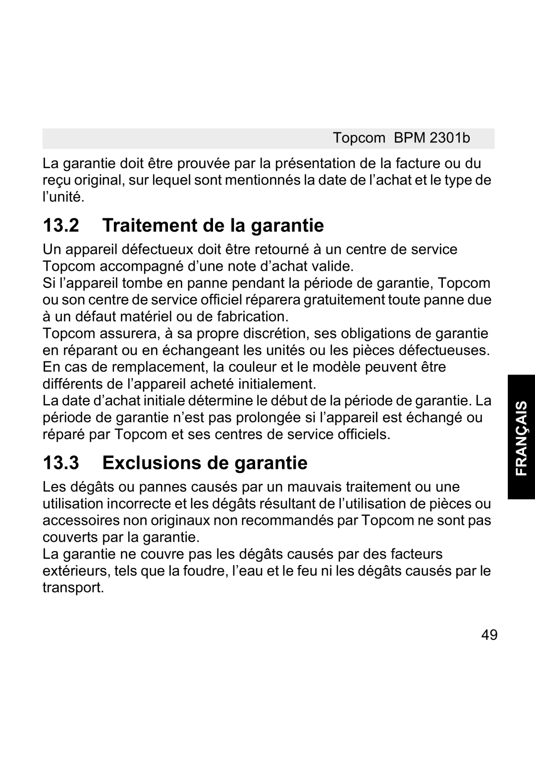 Topcom BPM WRIST 2301B manual Traitement de la garantie, Exclusions de garantie 