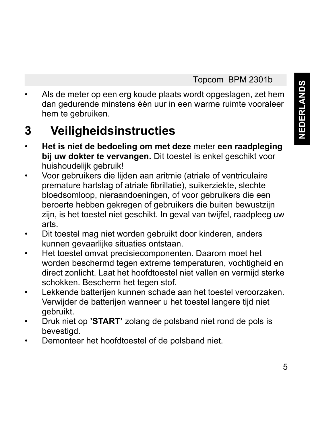 Topcom BPM WRIST 2301B manual Veiligheidsinstructies 