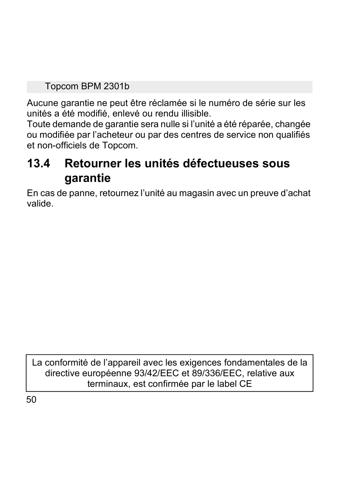 Topcom BPM WRIST 2301B manual Retourner les unités défectueuses sous Garantie 