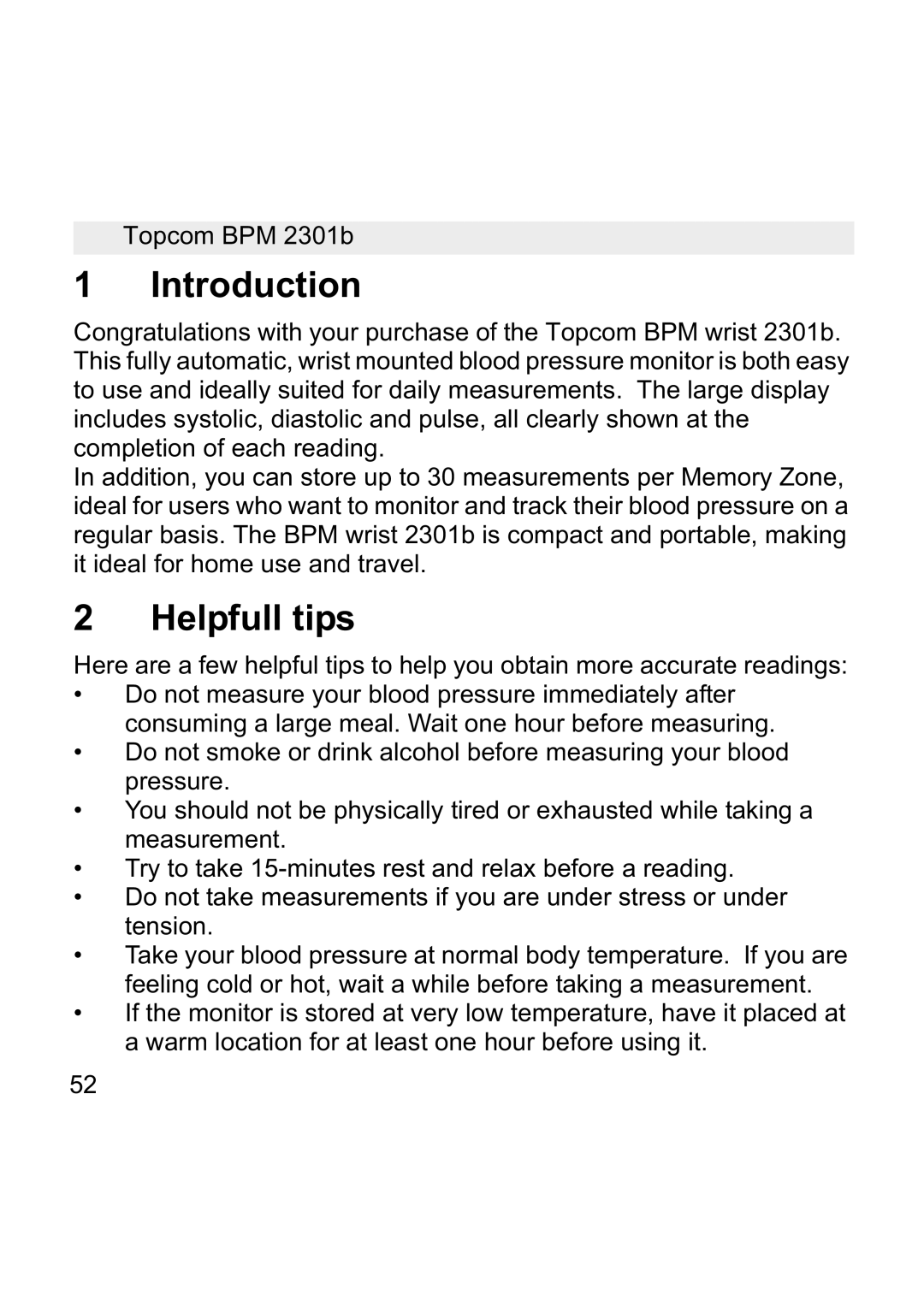 Topcom BPM WRIST 2301B manual Introduction, Helpfull tips 