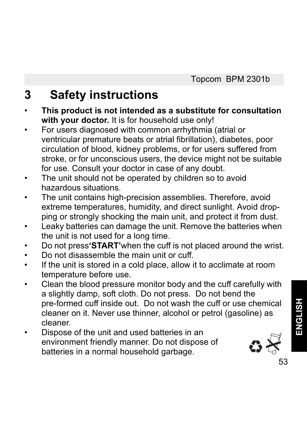 Topcom BPM WRIST 2301B manual Safety instructions 