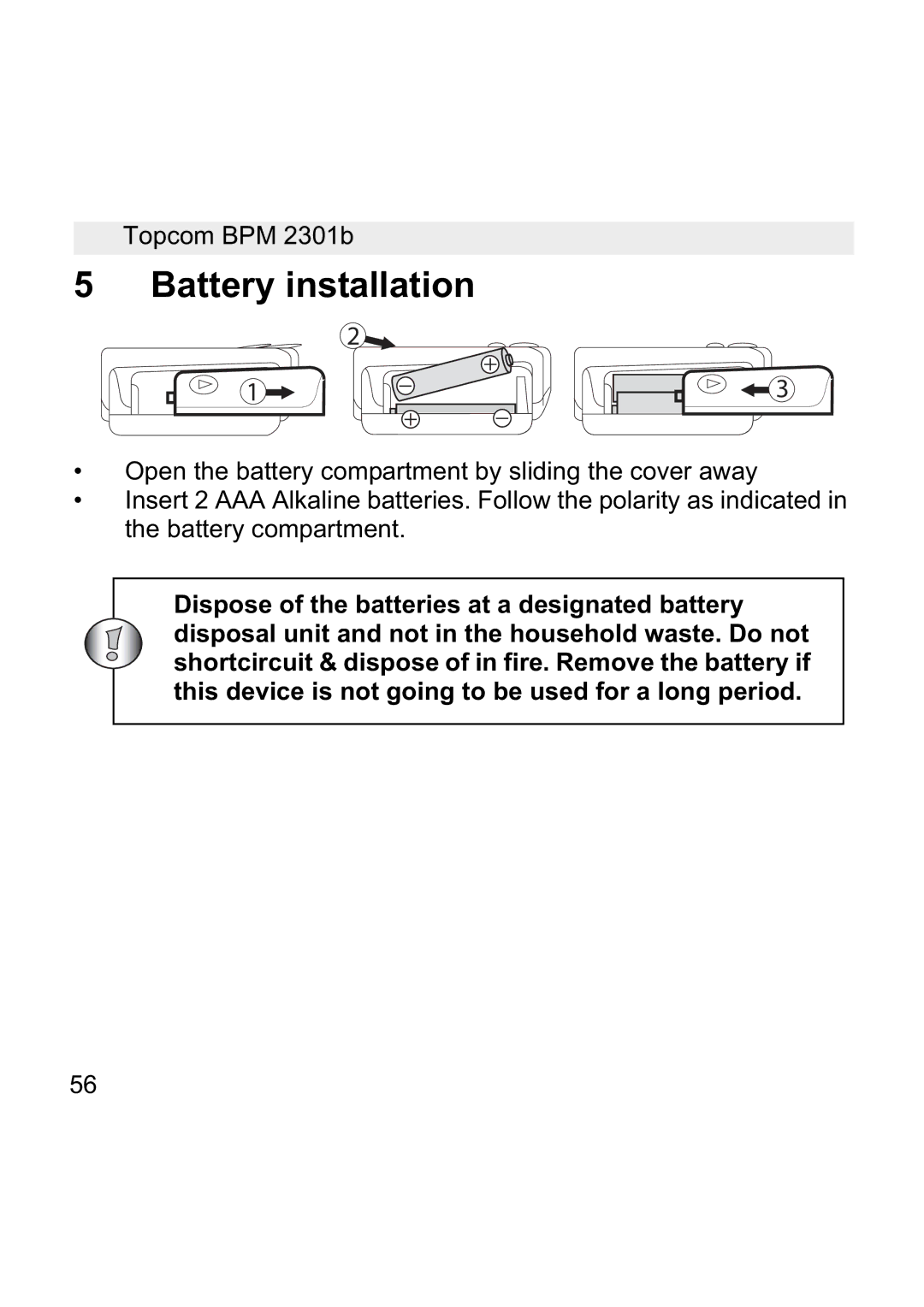 Topcom BPM WRIST 2301B manual Battery installation 