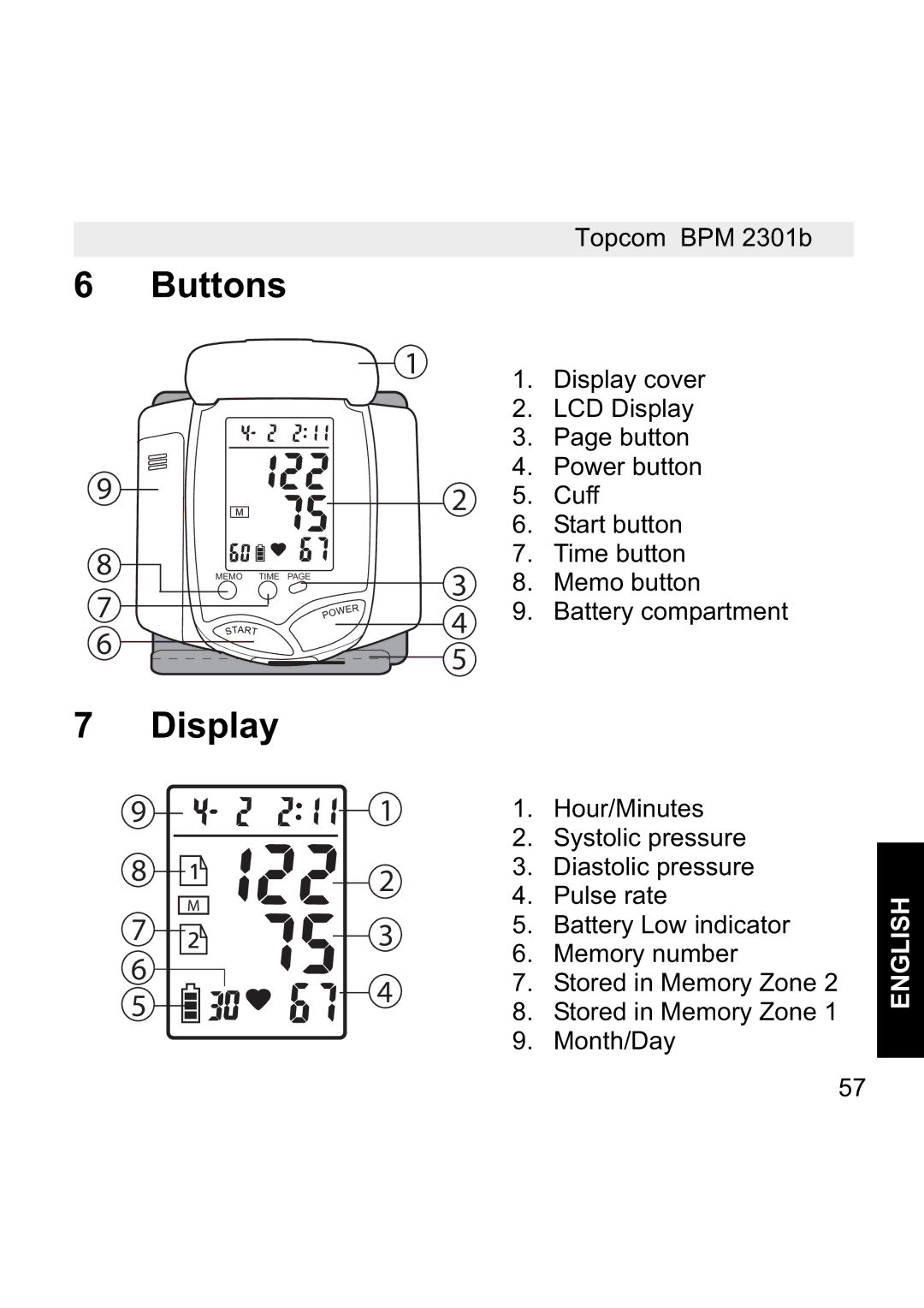 Topcom BPM WRIST 2301B manual Buttons, Display 