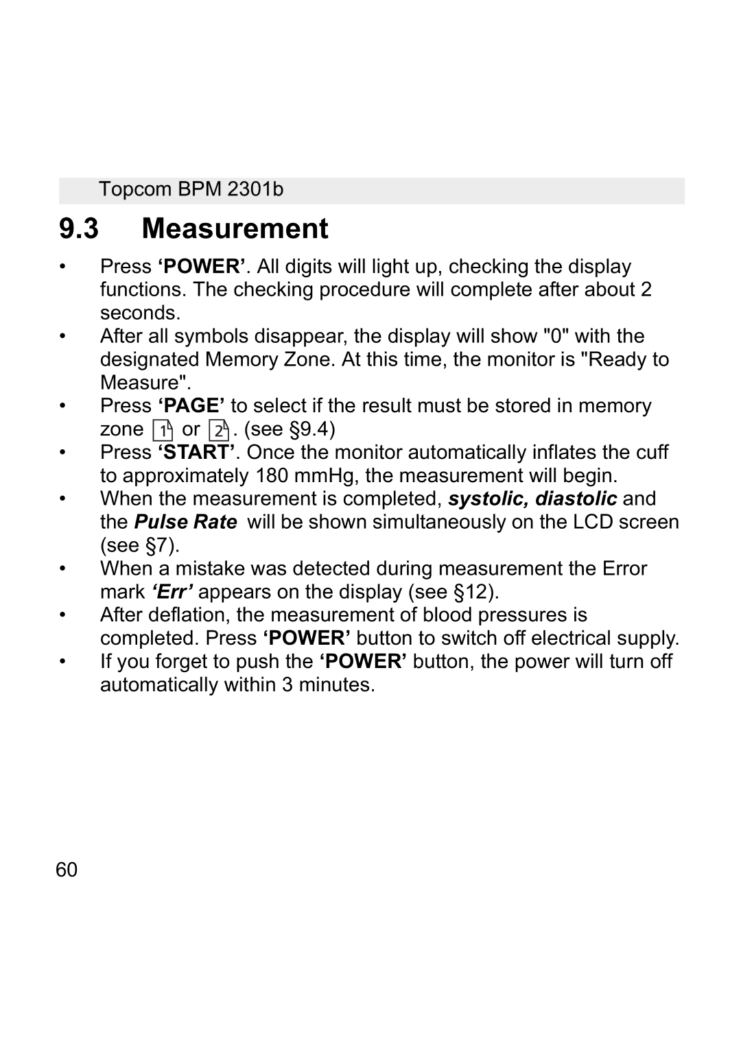 Topcom BPM WRIST 2301B manual Measurement 