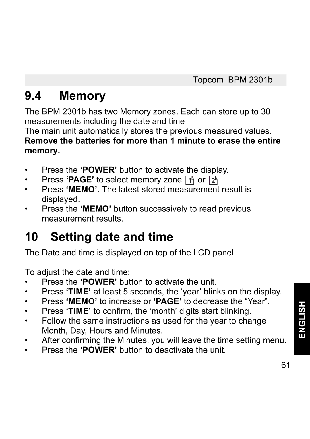 Topcom BPM WRIST 2301B manual Memory, Setting date and time 