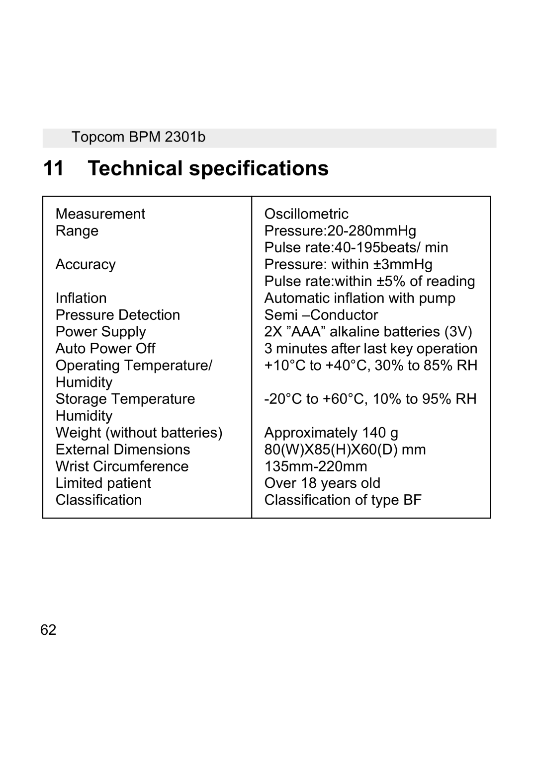 Topcom BPM WRIST 2301B manual Technical specifications 