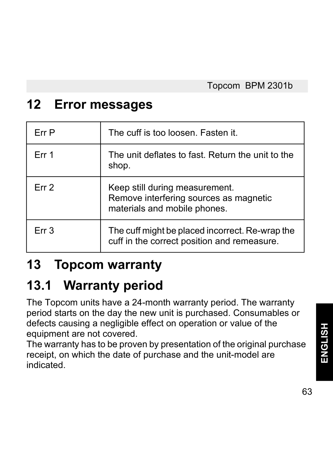 Topcom BPM WRIST 2301B manual Error messages, Topcom warranty Warranty period 