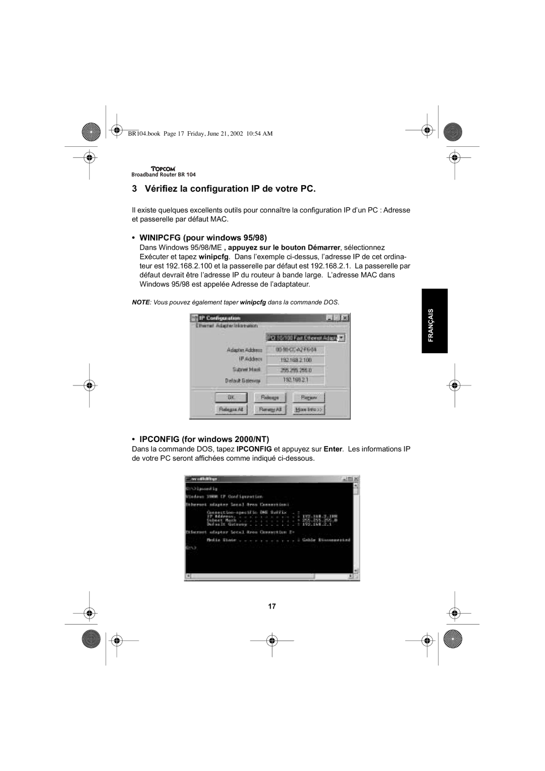 Topcom BR 104 manual Vérifiez la configuration IP de votre PC, Winipcfg pour windows 95/98 