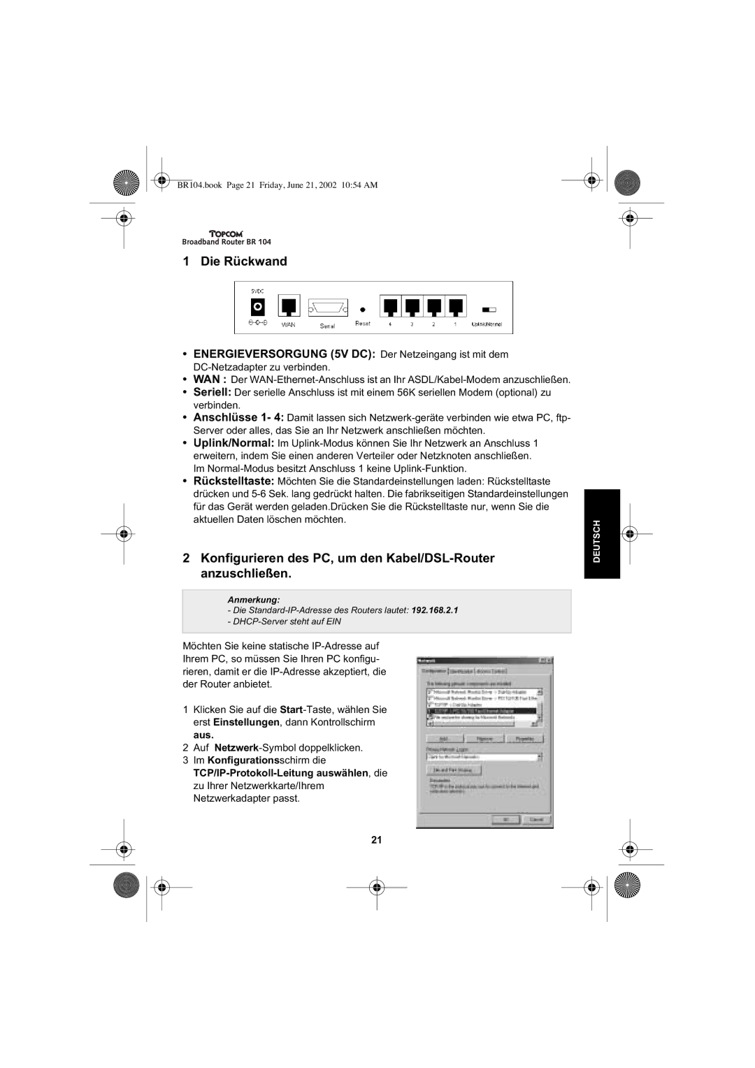 Topcom BR 104 manual Die Rückwand, Konfigurieren des PC, um den Kabel/DSL-Router anzuschließen 