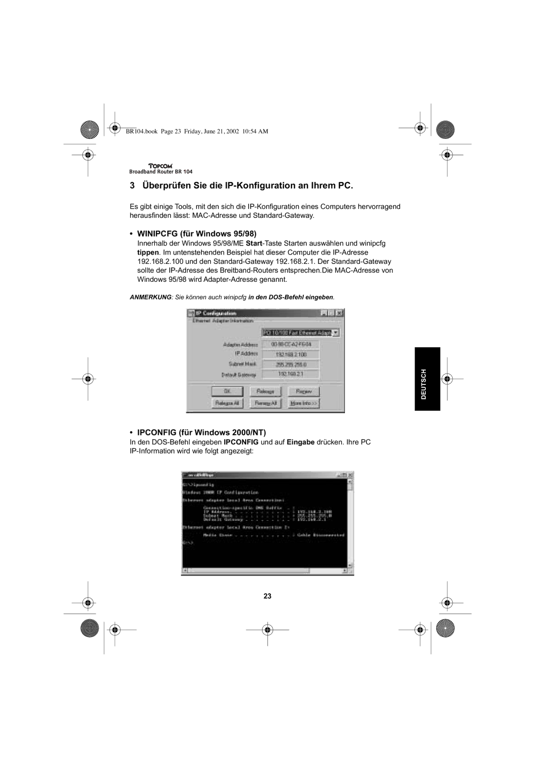 Topcom BR 104 Überprüfen Sie die IP-Konfiguration an Ihrem PC, Winipcfg für Windows 95/98, Ipconfig für Windows 2000/NT 