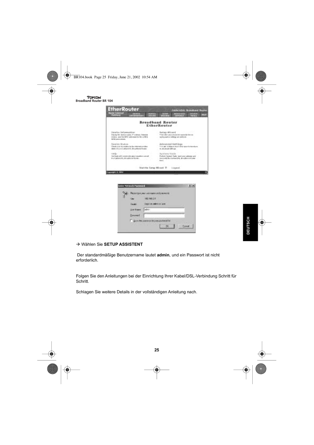 Topcom BR 104 manual Wählen Sie Setup Assistent 