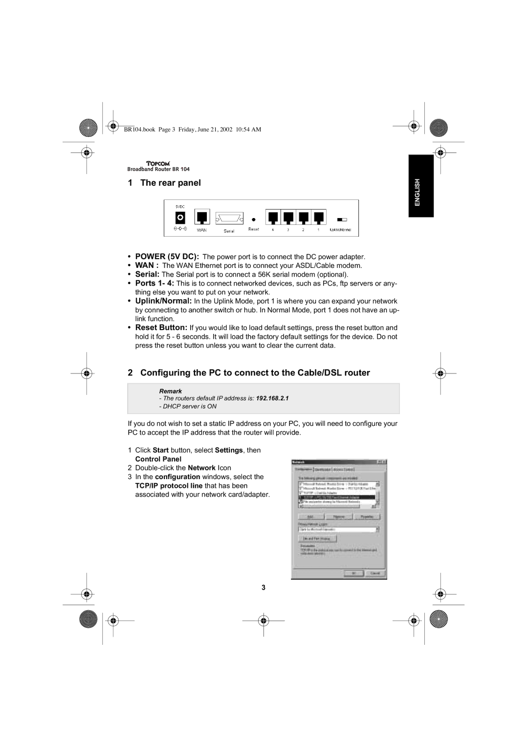 Topcom BR 104 manual Rear panel, Configuring the PC to connect to the Cable/DSL router, Control Panel 