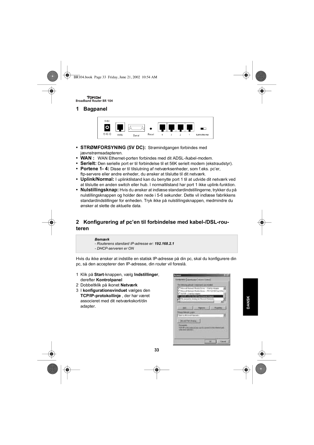 Topcom BR 104 manual Bagpanel 