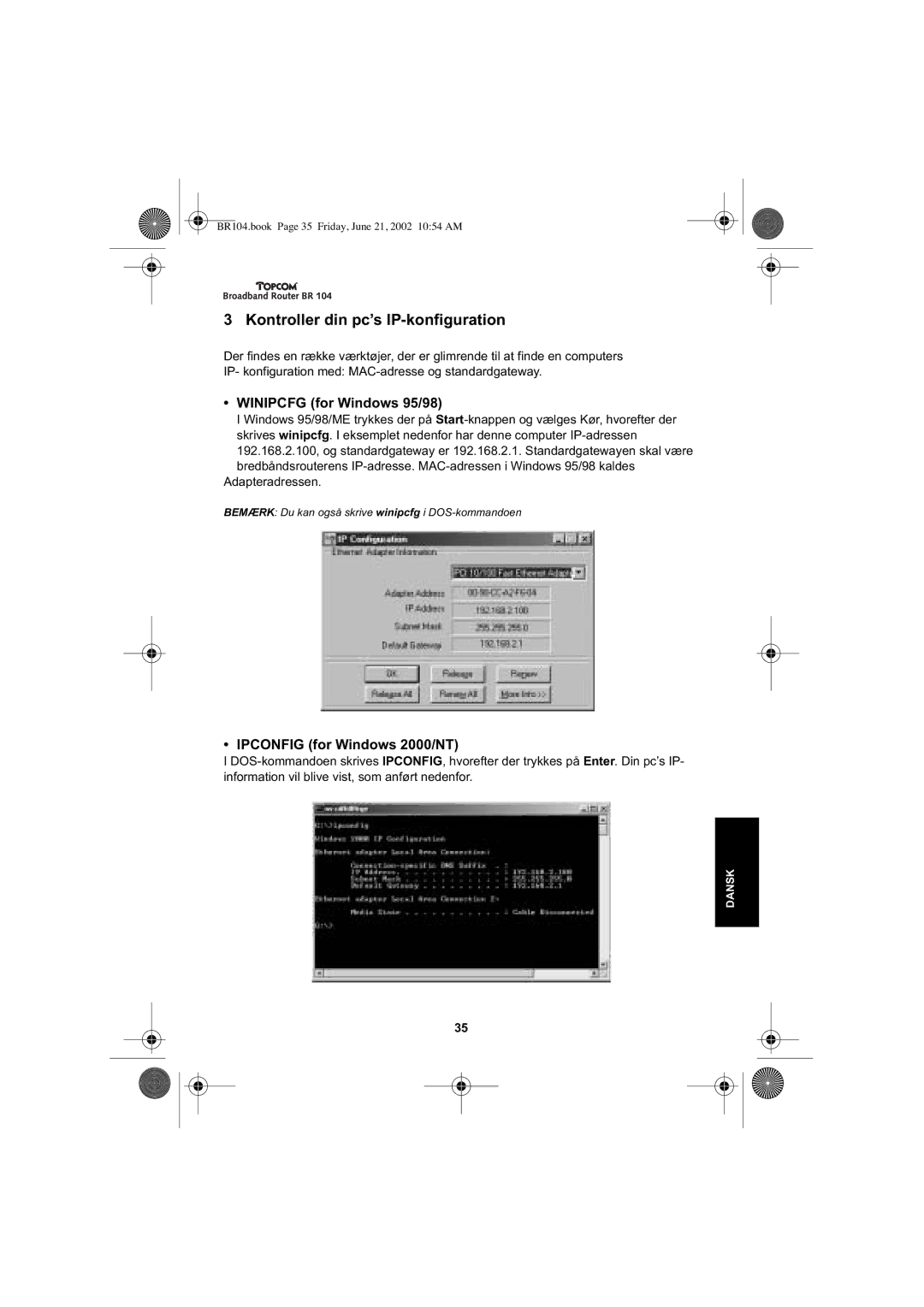 Topcom BR 104 manual Kontroller din pc’s IP-konfiguration, Winipcfg for Windows 95/98 