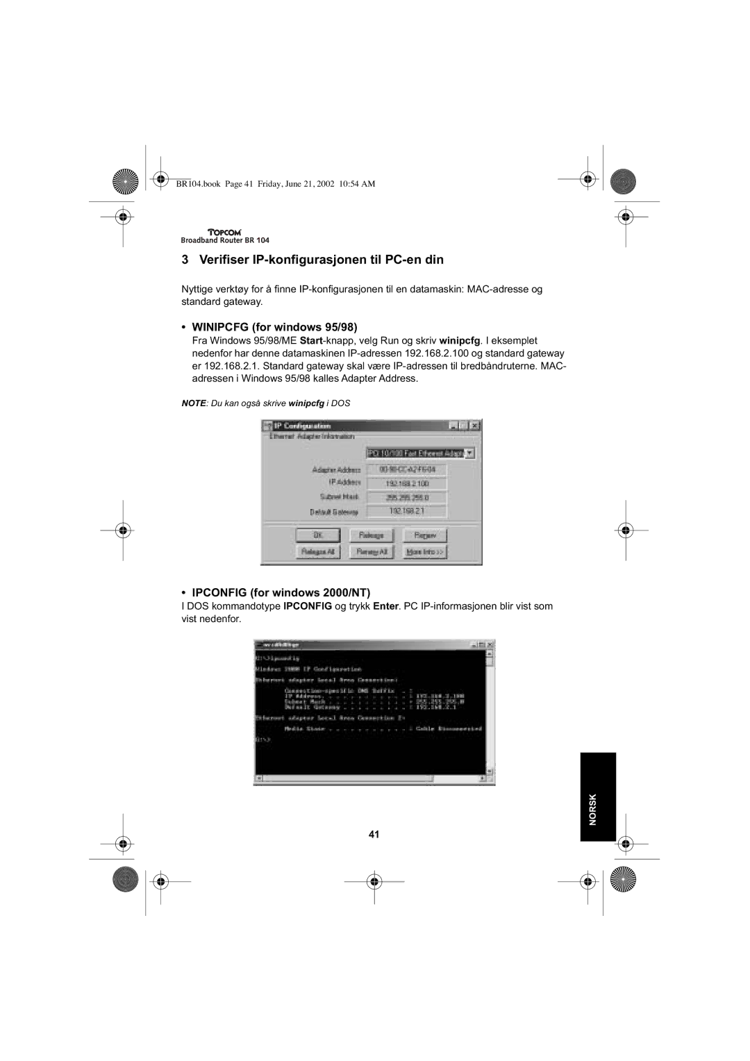 Topcom BR 104 manual Verifiser IP-konfigurasjonen til PC-en din, Winipcfg for windows 95/98 