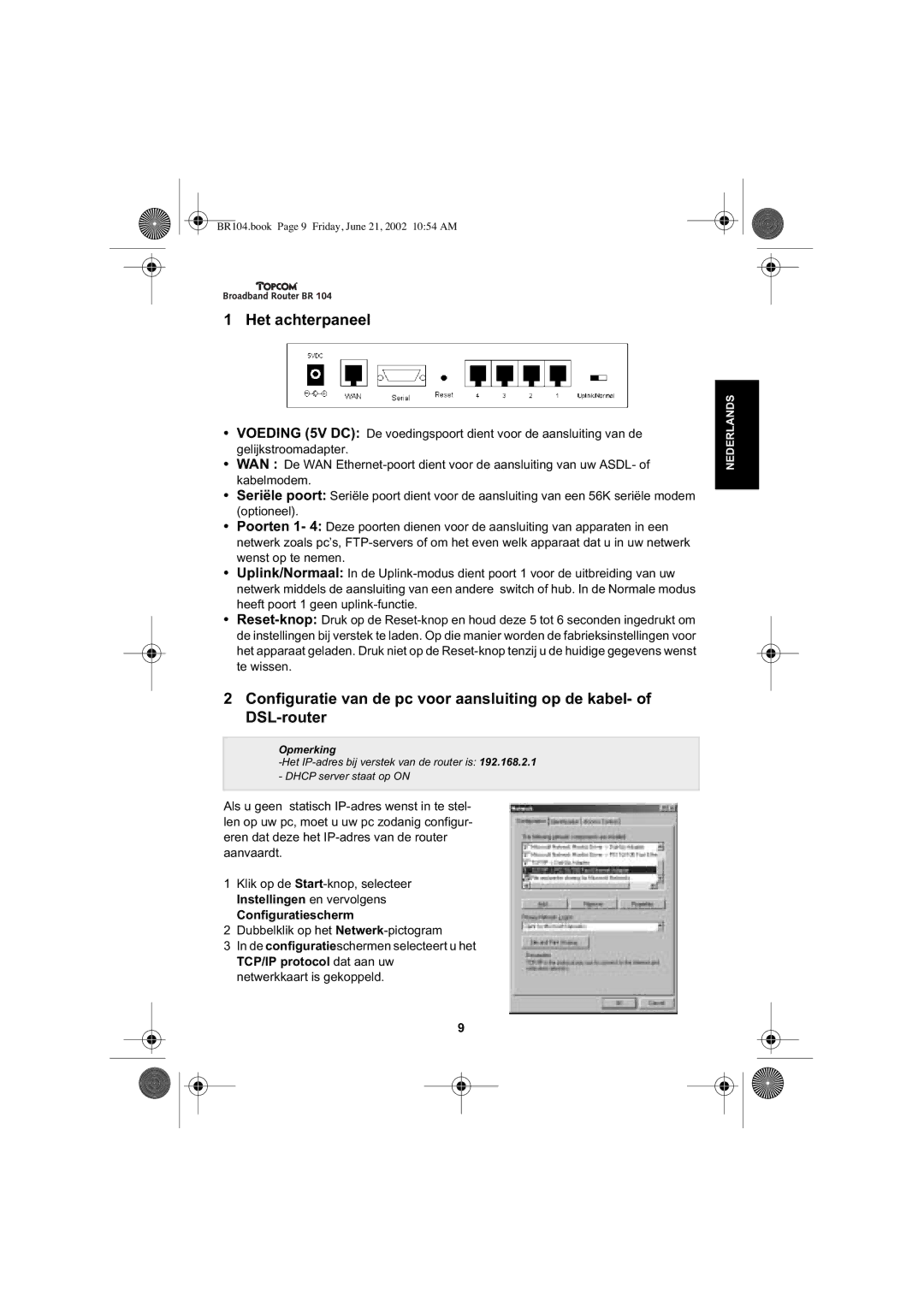 Topcom BR 104 manual Het achterpaneel, Configuratiescherm 