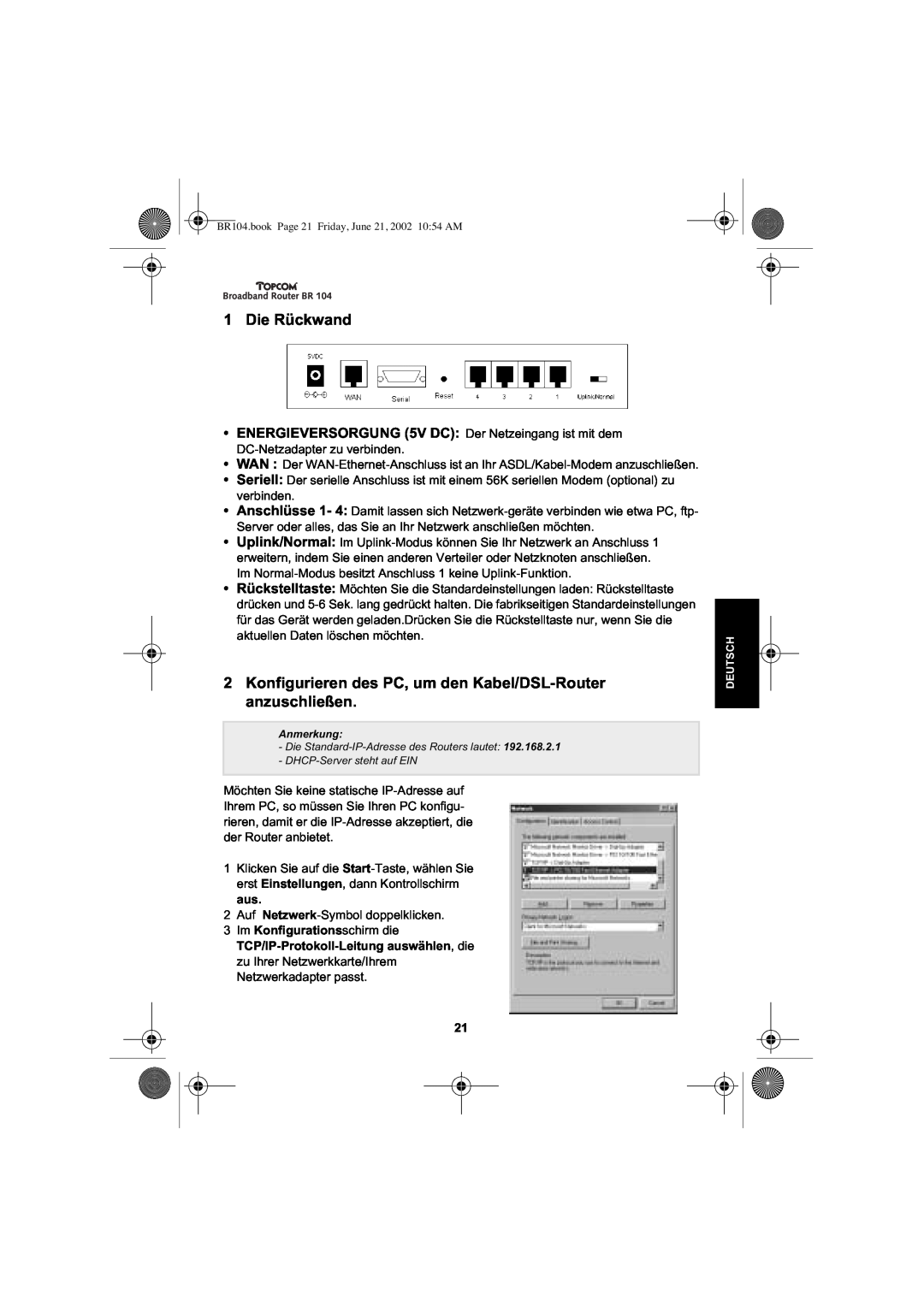 Topcom BR 104 manual Die Rückwand, Konfigurieren des PC, um den Kabel/DSL-Router anzuschließen 