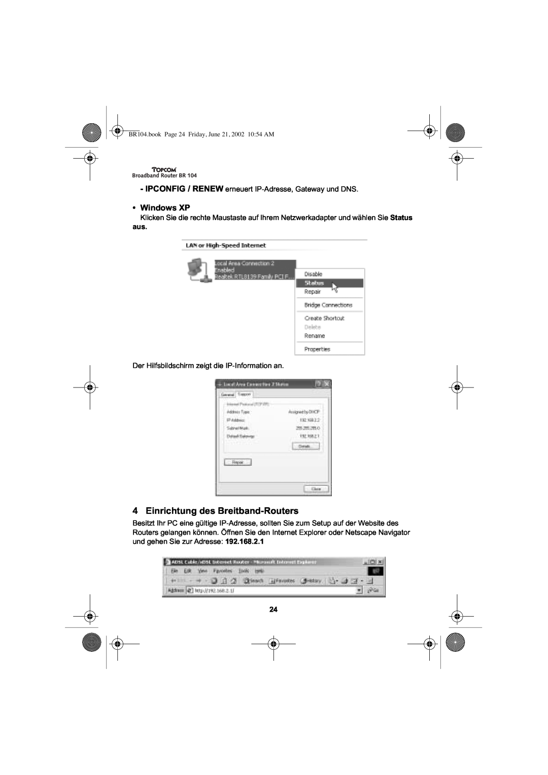 Topcom BR 104 manual Einrichtung des Breitband-Routers, Windows XP 