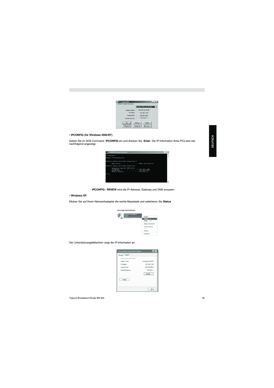 Topcom BR 604 manual do utilizador Ipconfig für Windows 2000/NT, Windows XP 