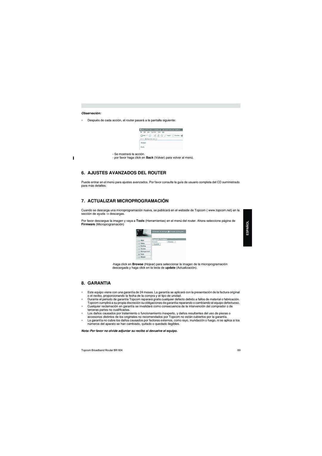 Topcom BR 604 manual do utilizador Ajustes Avanzados DEL Router, Actualizar Microprogramación, Garantia 