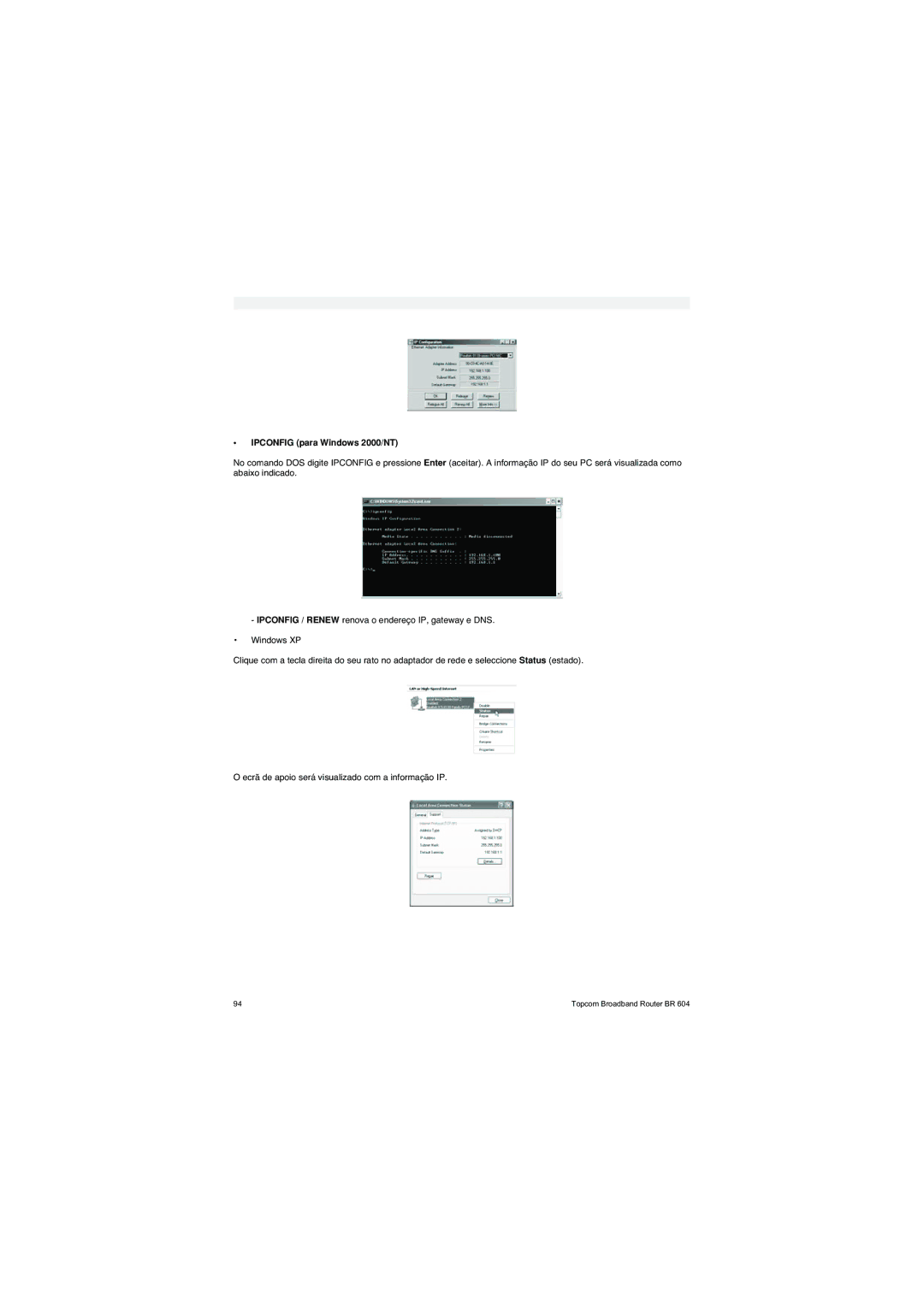 Topcom BR 604 manual do utilizador Ipconfig para Windows 2000/NT 