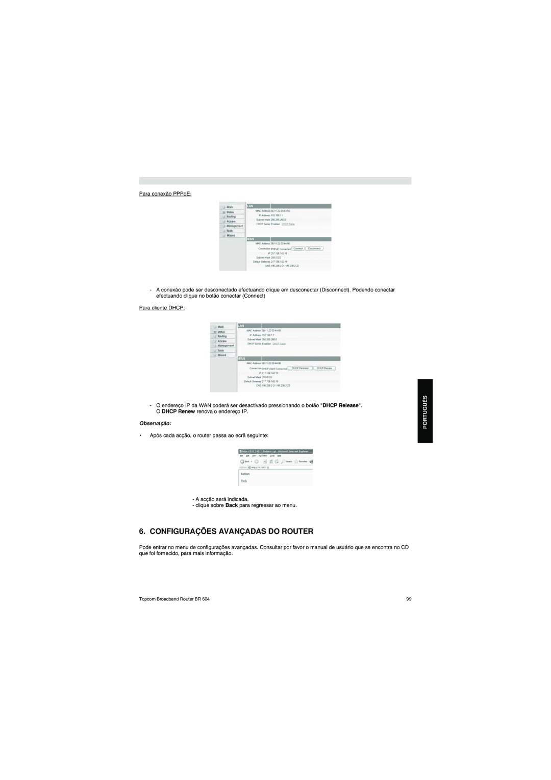 Topcom BR 604 manual do utilizador Configurações Avançadas do Router 
