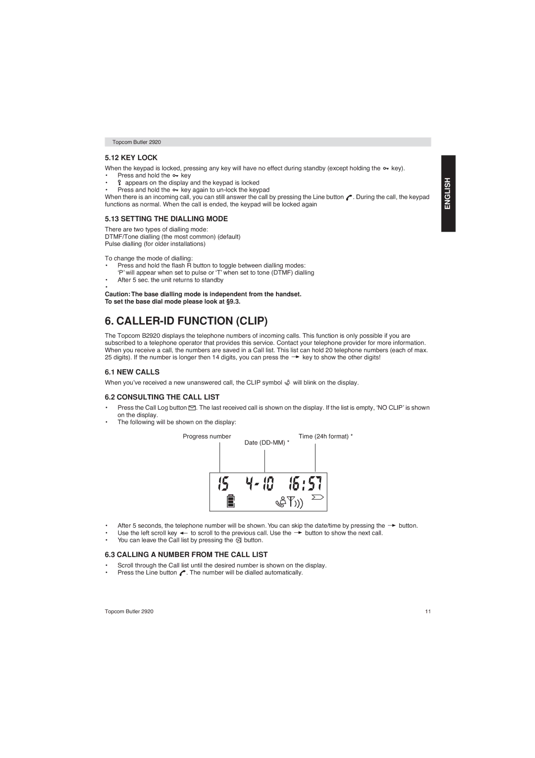 Topcom BUTLER 2920 user manual CALLER-ID Function Clip 