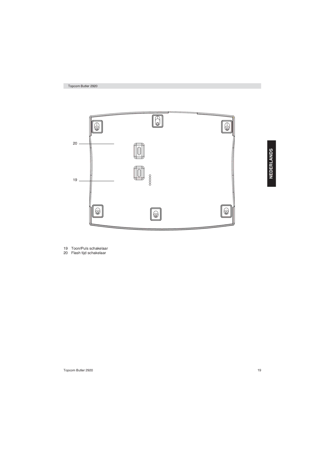 Topcom BUTLER 2920 user manual Toon/Puls schakelaar Flash tijd schakelaar 