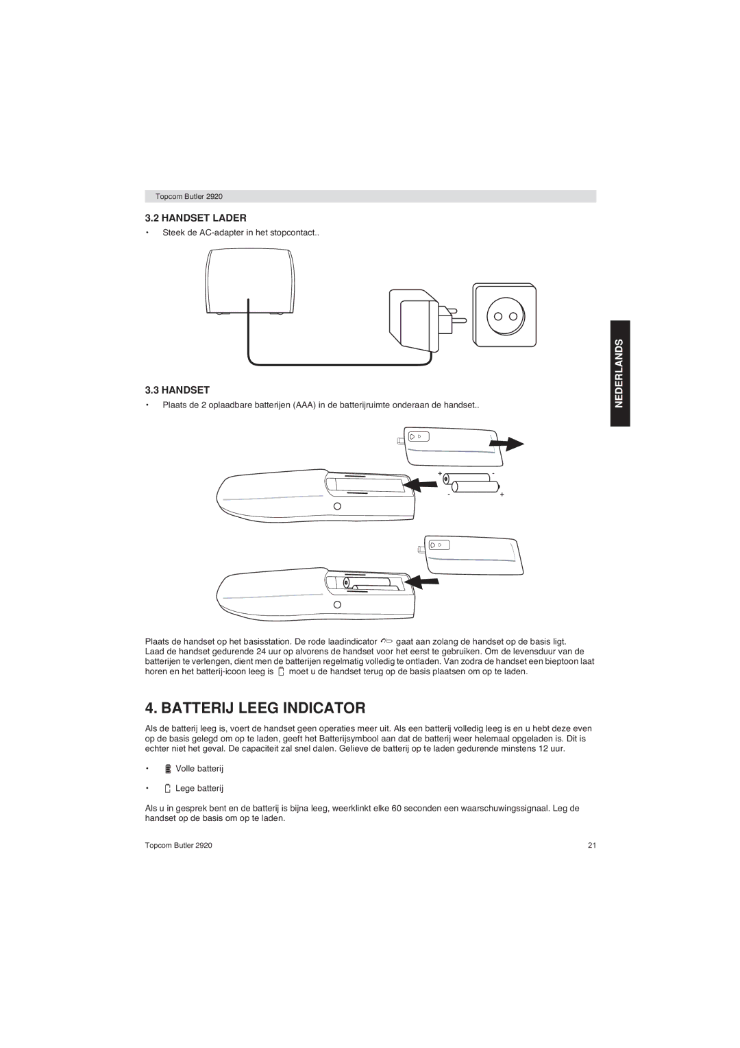 Topcom BUTLER 2920 user manual Batterij Leeg Indicator, Handset Lader 