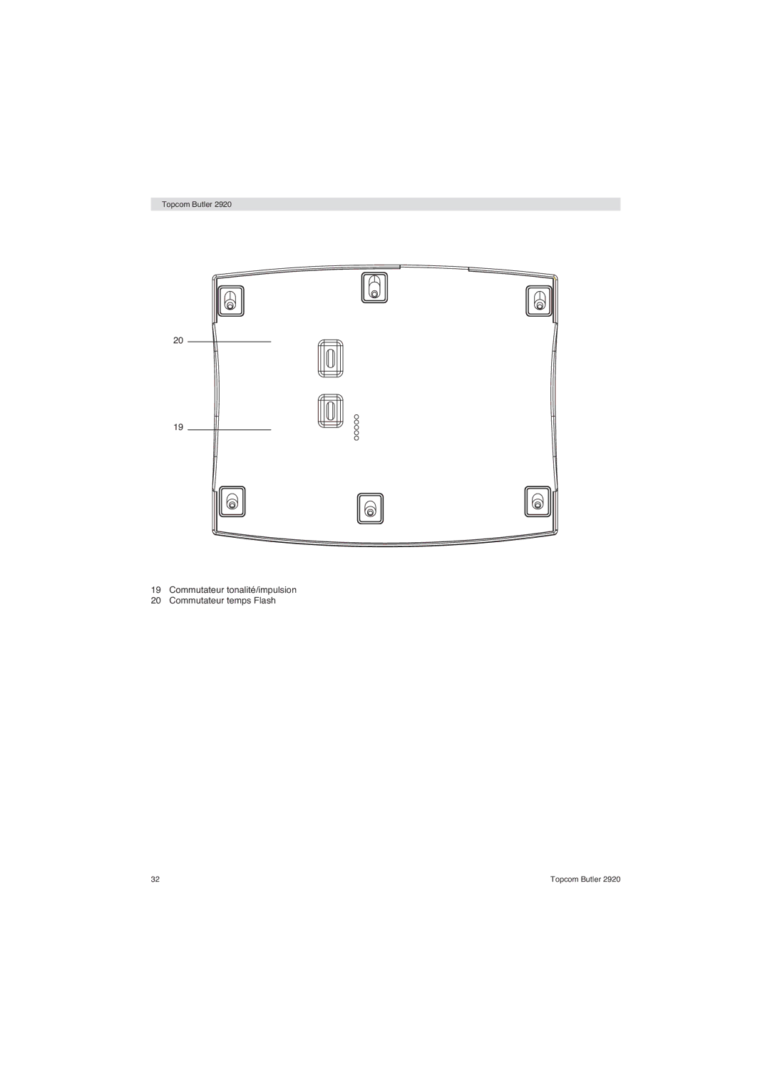 Topcom BUTLER 2920 user manual Commutateur tonalité/impulsion Commutateur temps Flash 