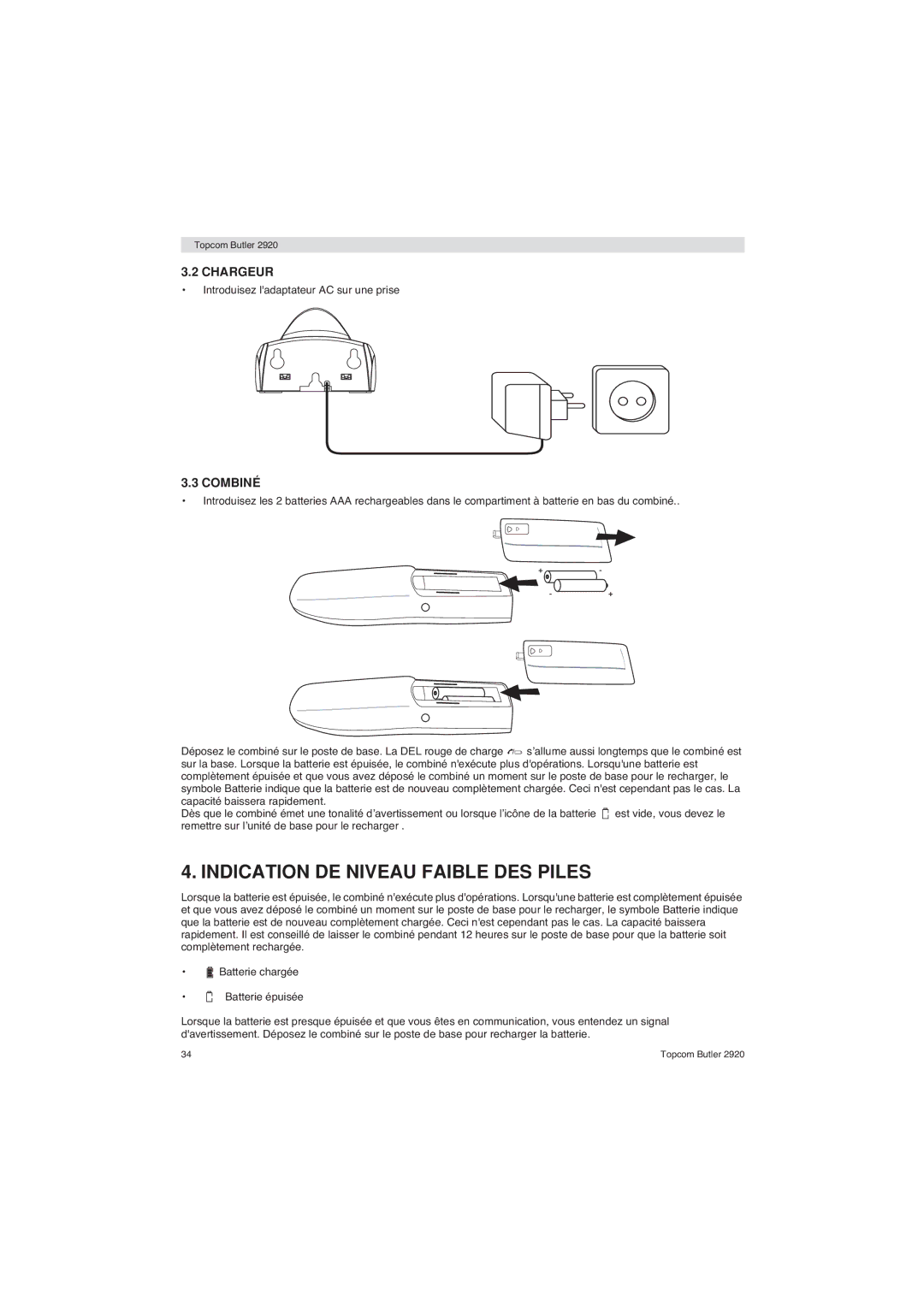 Topcom BUTLER 2920 user manual Indication DE Niveau Faible DES Piles, Chargeur, Combiné 