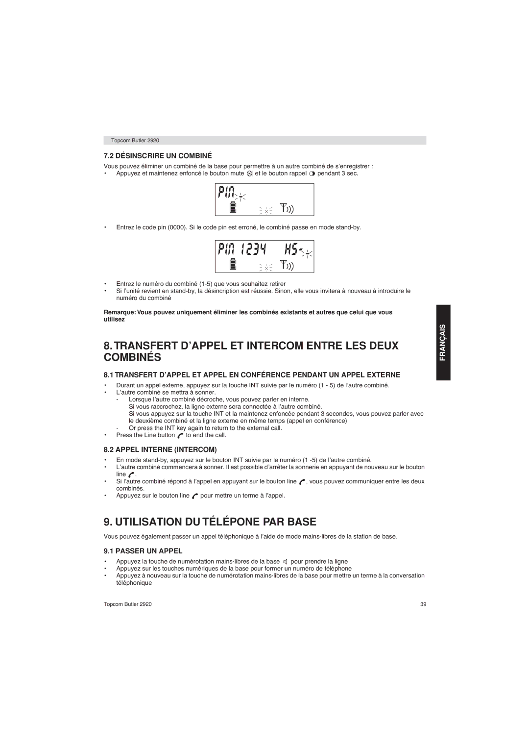 Topcom BUTLER 2920 user manual Transfert D’APPEL ET Intercom Entre LES Deux Combinés, Utilisation DU Télépone PAR Base 