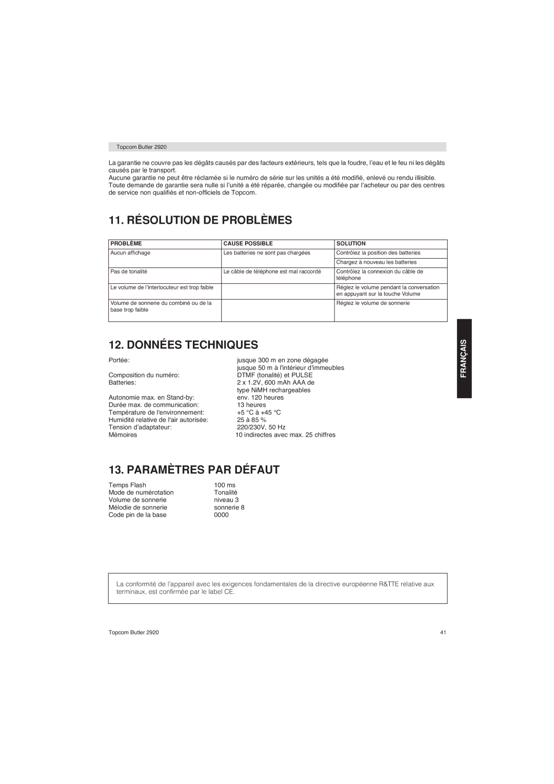 Topcom BUTLER 2920 user manual 11. Résolution DE Problèmes, Données Techniques, Paramètres PAR Défaut 