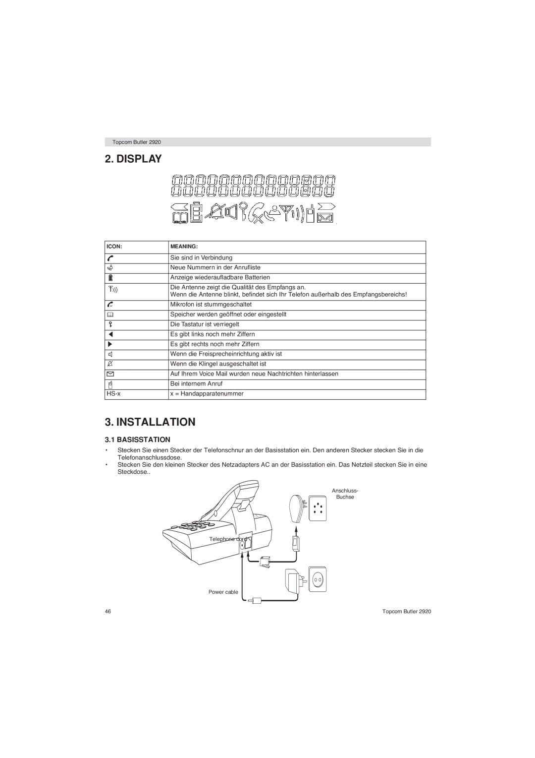 Topcom BUTLER 2920 user manual Display, Basisstation 