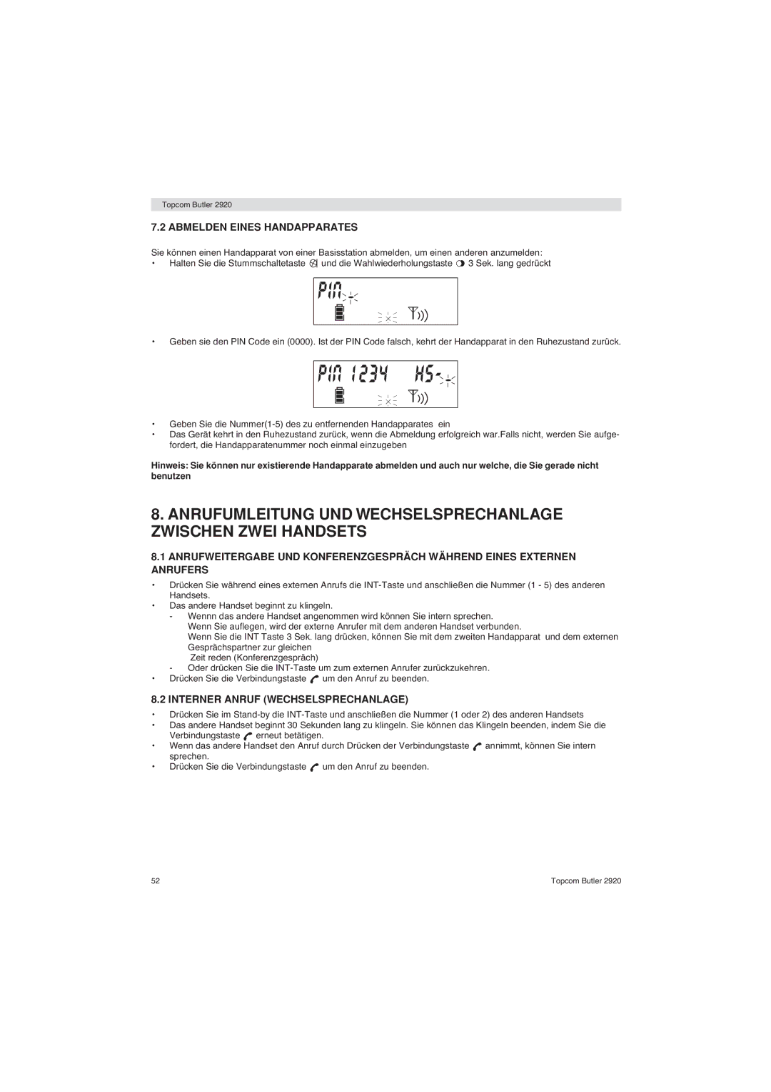 Topcom BUTLER 2920 user manual Abmelden Eines Handapparates, Interner Anruf Wechselsprechanlage 