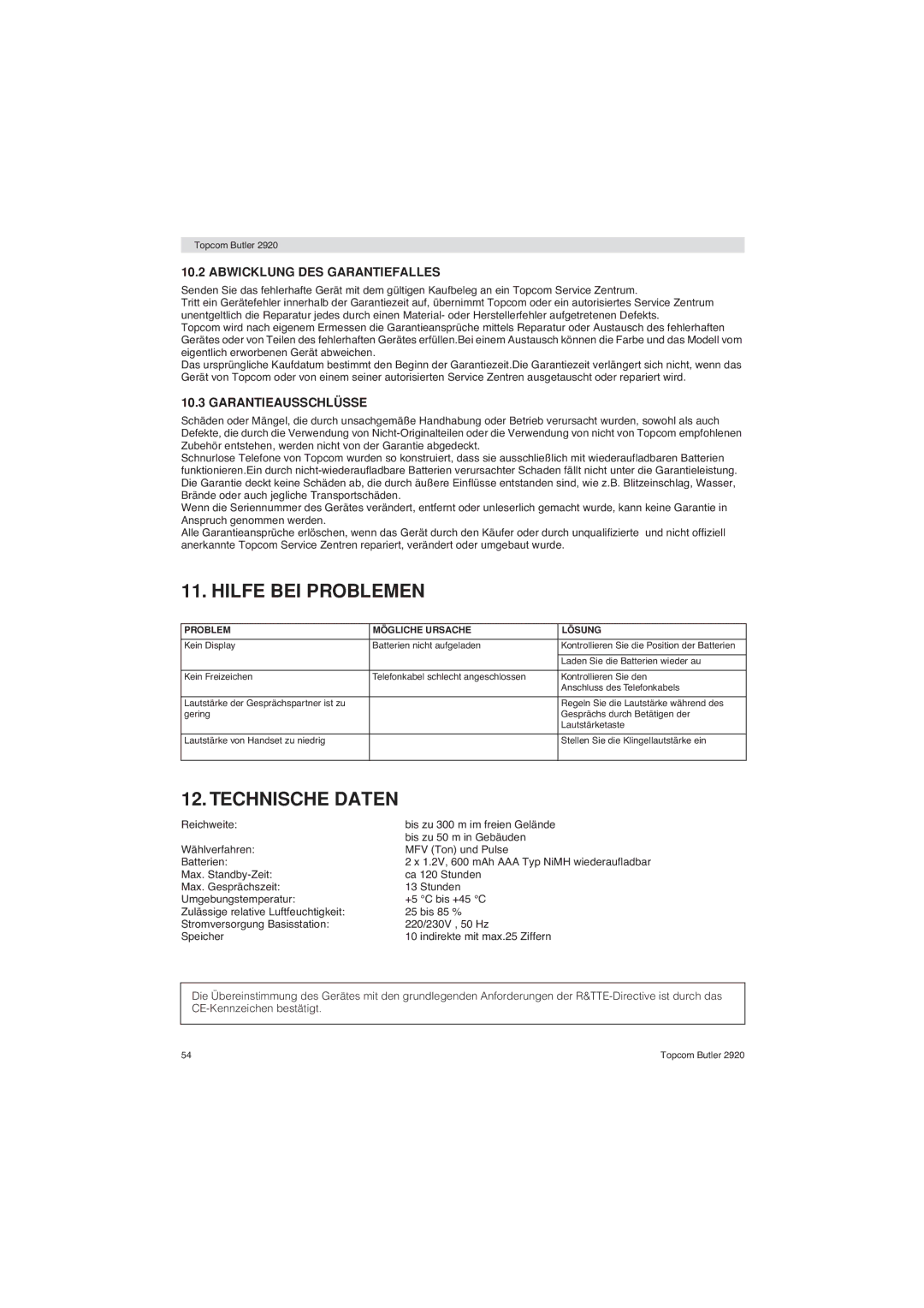 Topcom BUTLER 2920 user manual Hilfe BEI Problemen, Technische Daten, Abwicklung DES Garantiefalles, Garantieausschlüsse 