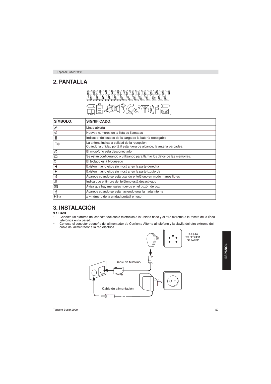 Topcom BUTLER 2920 user manual Pantalla, Instalación, Símbolo Significado, Base 