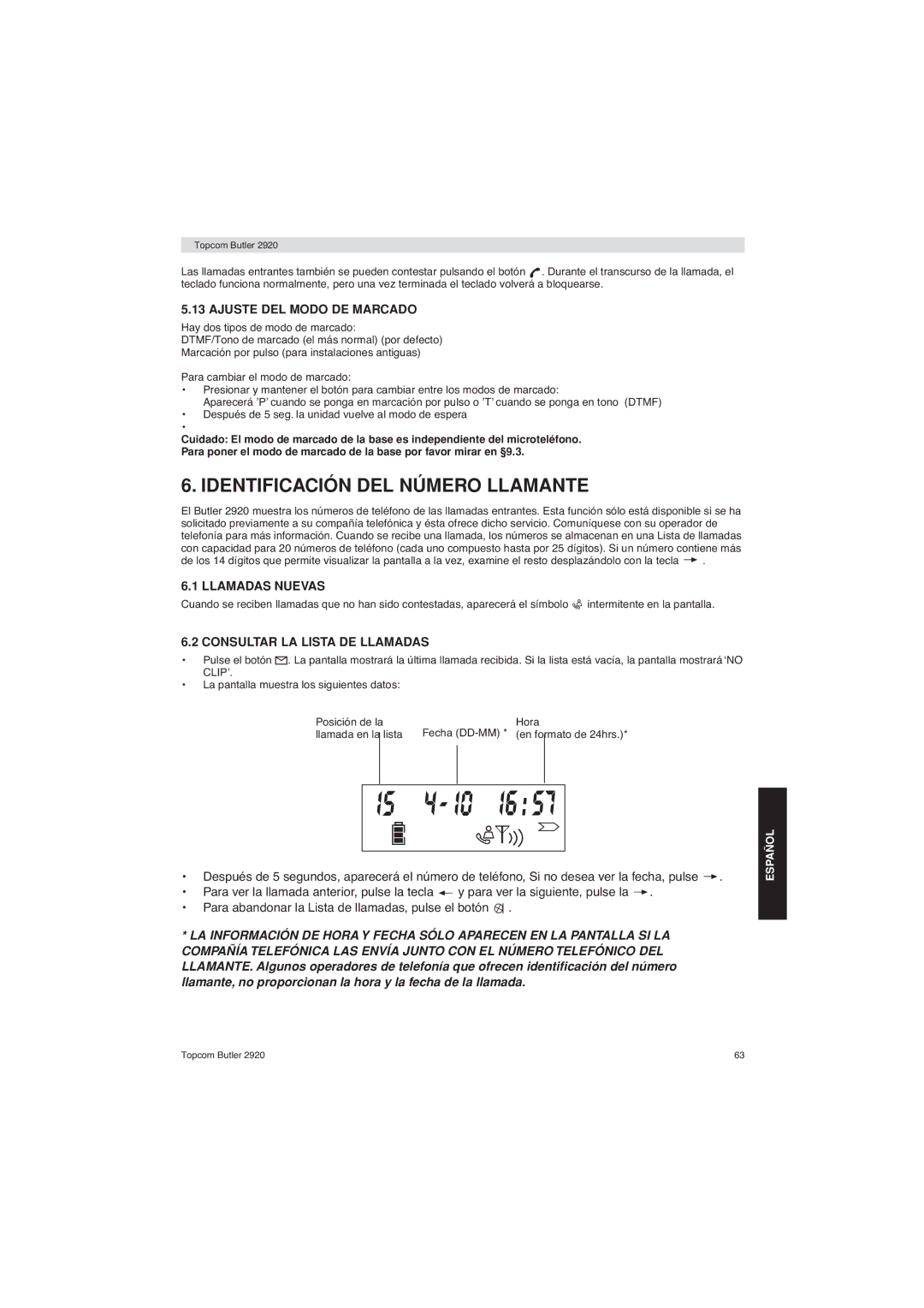 Topcom BUTLER 2920 user manual Identificación DEL Número Llamante, Ajuste DEL Modo DE Marcado, Llamadas Nuevas 