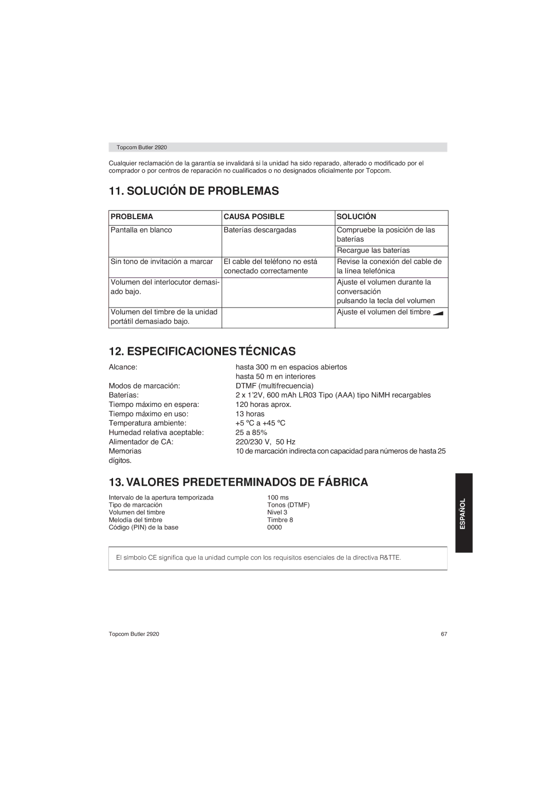 Topcom BUTLER 2920 user manual Solución DE Problemas, Especificaciones Técnicas, Valores Predeterminados DE Fábrica 