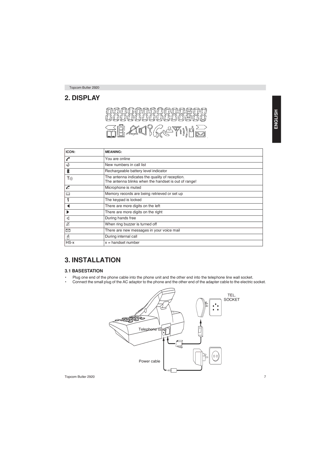 Topcom BUTLER 2920 user manual Display, Installation, Basestation 