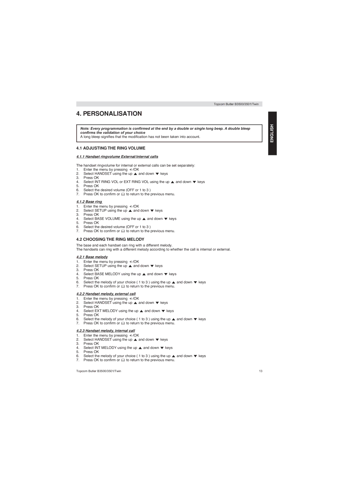 Topcom BUTLER 3500 manual Personalisation, Adjusting the Ring Volume, Choosing the Ring Melody 