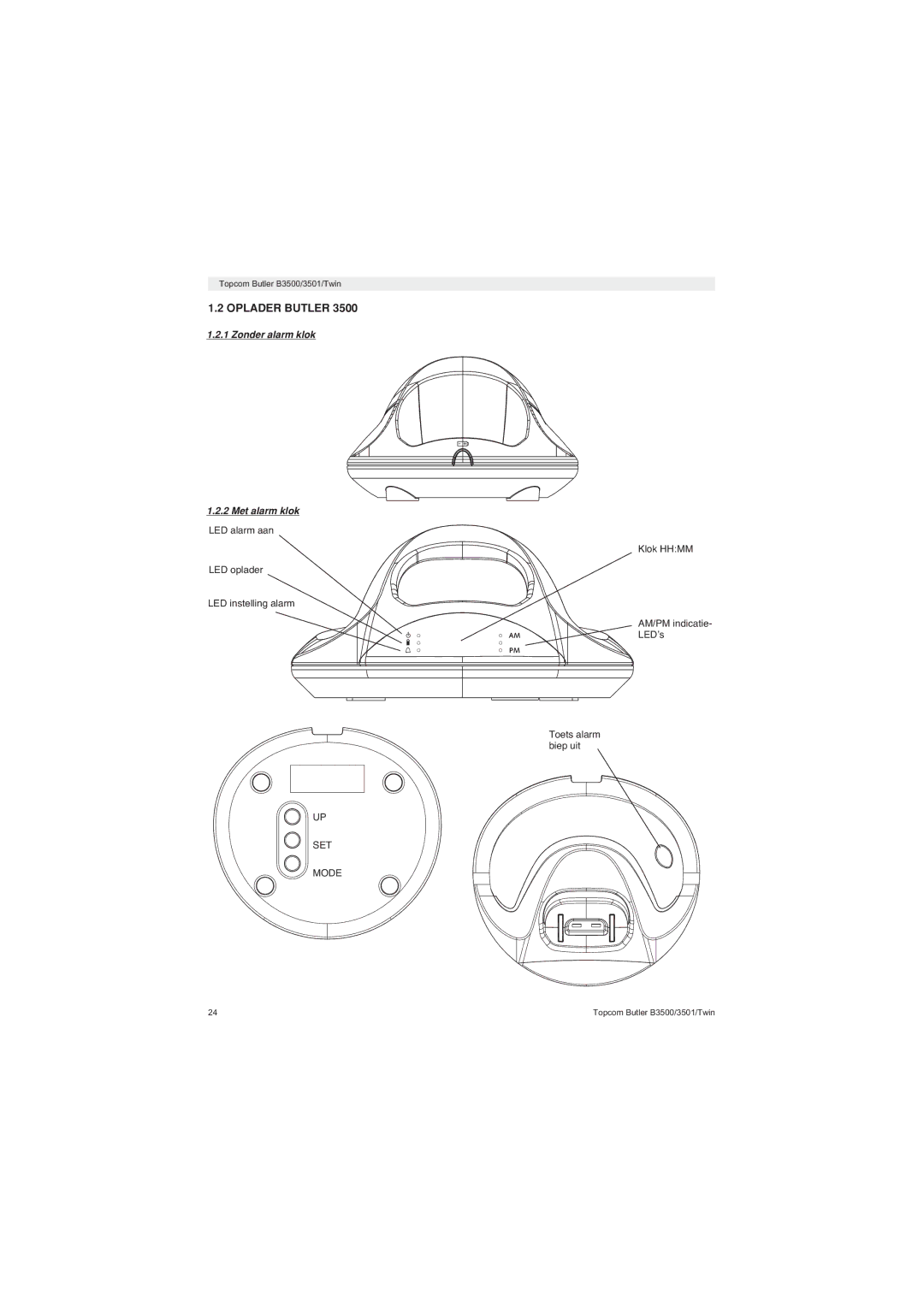 Topcom BUTLER 3500 manual Oplader Butler, Zonder alarm klok Met alarm klok, AM/PM indicatie, LED’s 