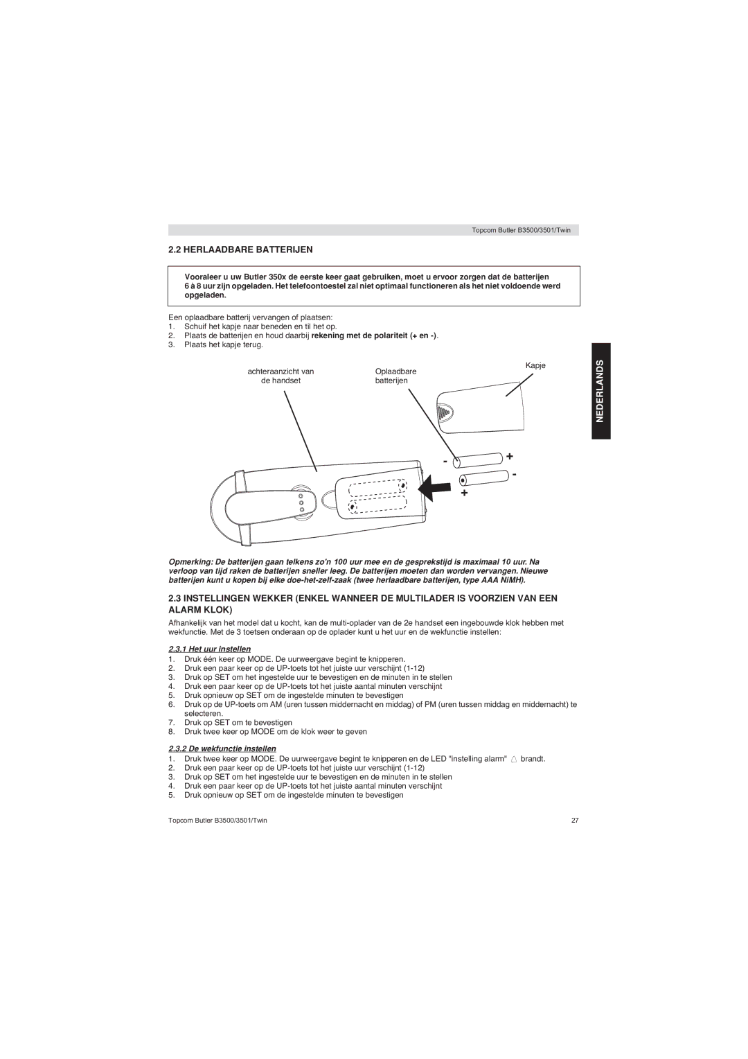 Topcom BUTLER 3500 manual Herlaadbare Batterijen, Het uur instellen, De wekfunctie instellen 