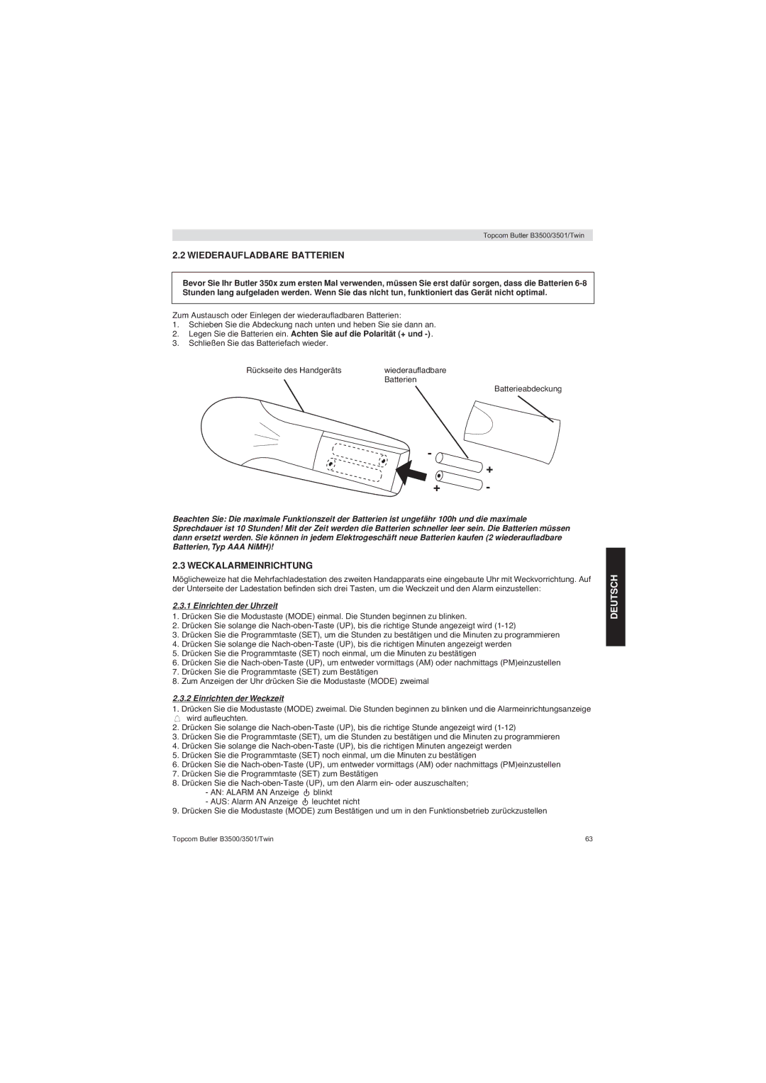 Topcom BUTLER 3500 manual Wiederaufladbare Batterien, Weckalarmeinrichtung, Einrichten der Uhrzeit, Einrichten der Weckzeit 