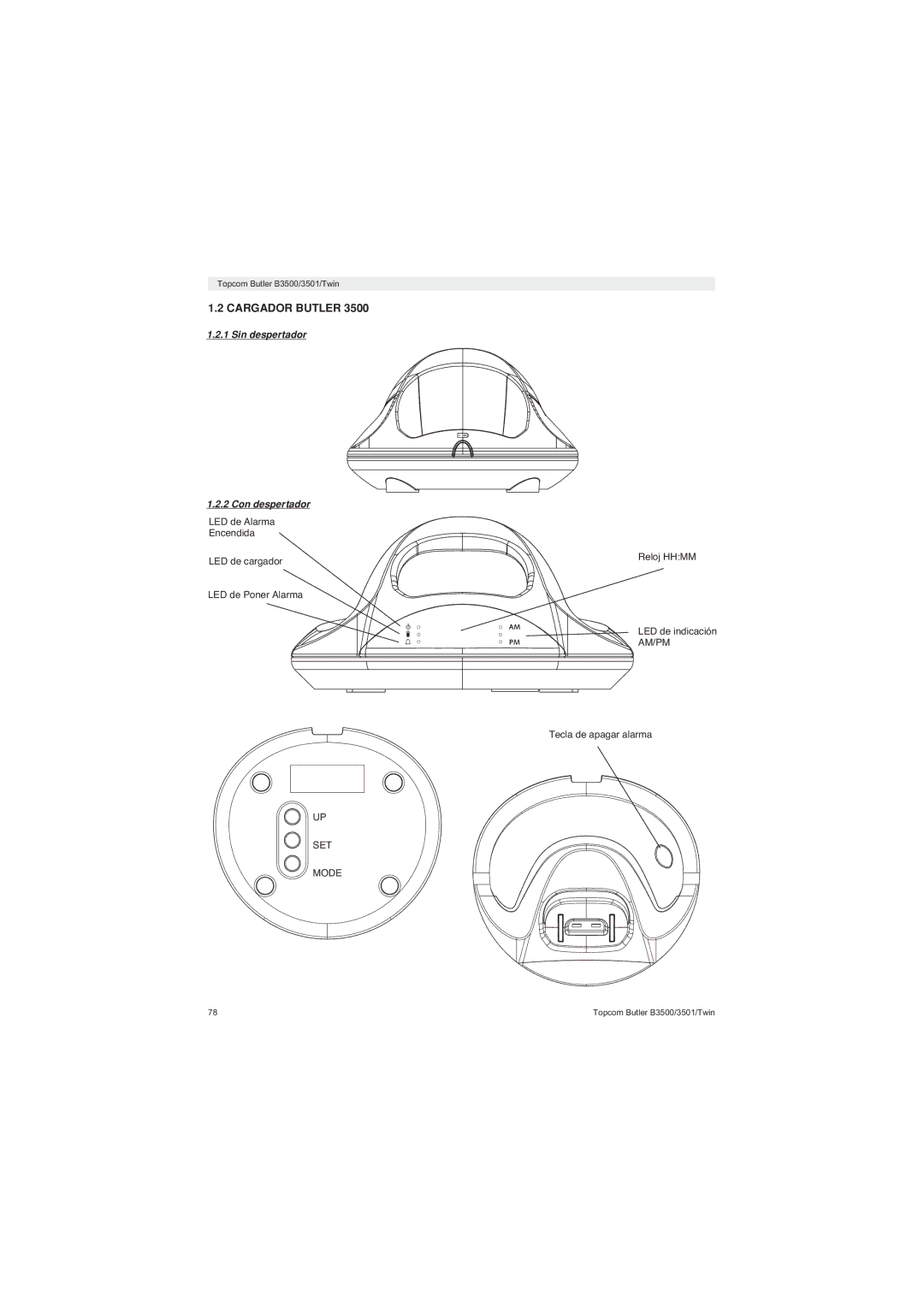 Topcom BUTLER 3500 manual Cargador Butler, Sin despertador Con despertador, LED de indicación 