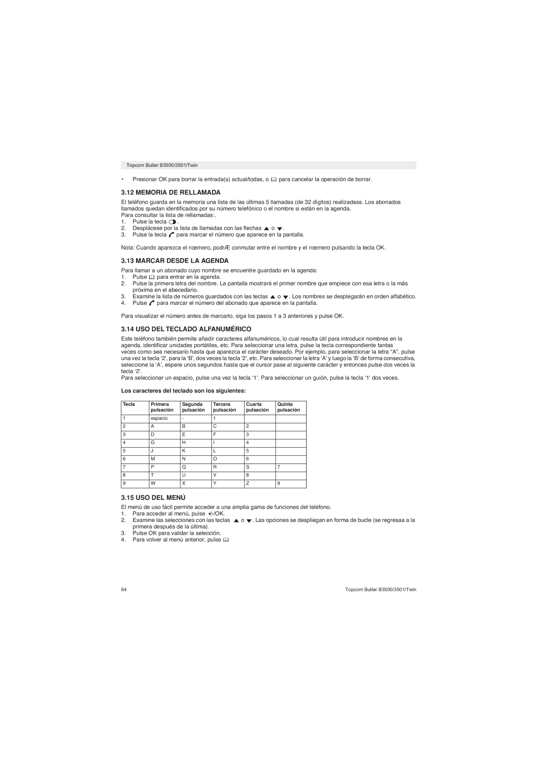 Topcom BUTLER 3500 manual Memoria DE Rellamada, Marcar Desde LA Agenda, USO DEL Teclado Alfanumérico, USO DEL Menú 